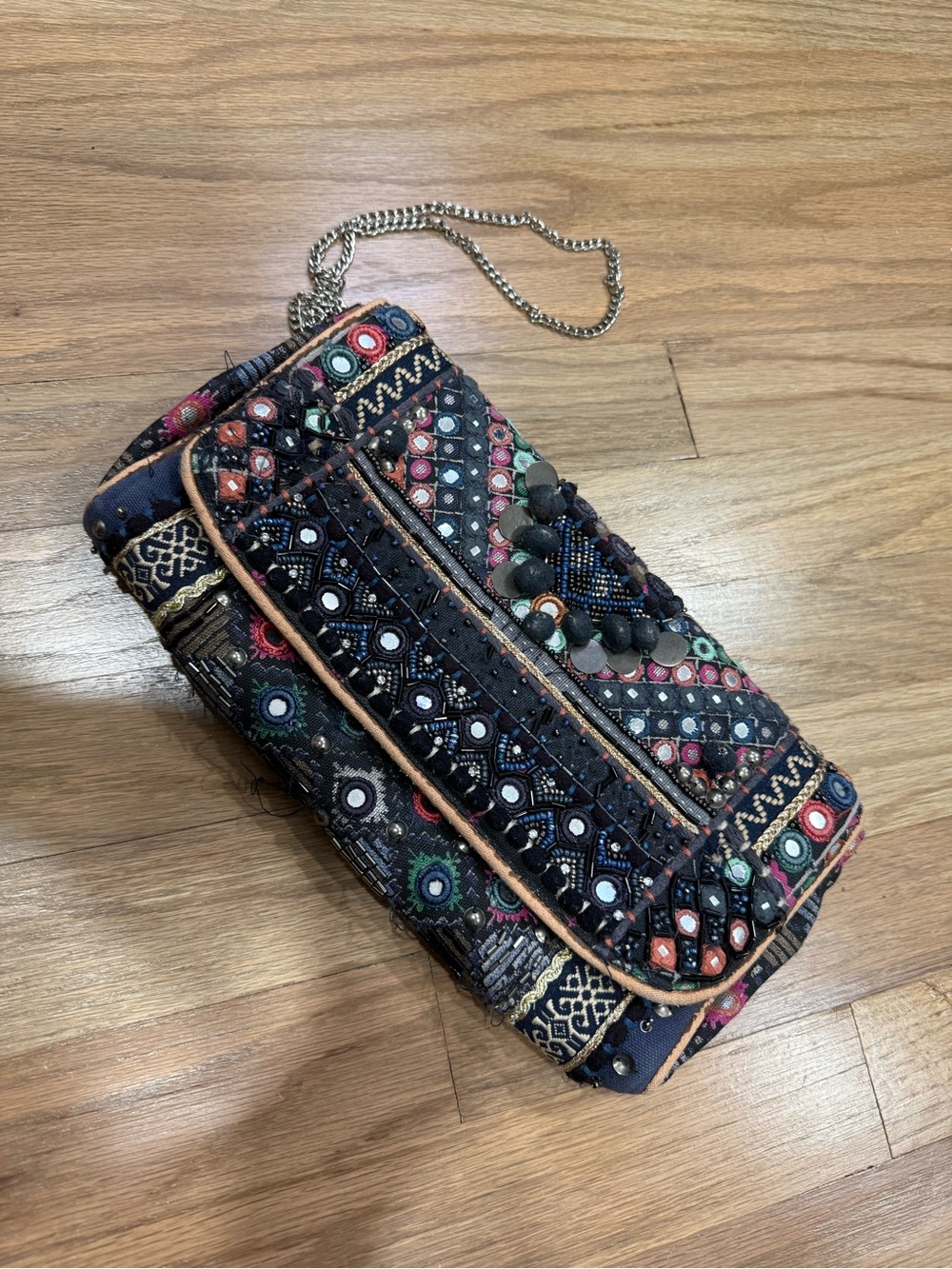 Ecote Navy Embroidered Beaded Clutch with Chain Strap